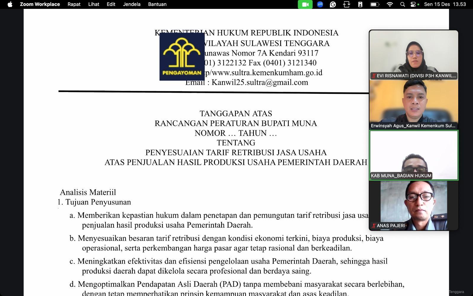 ‎Kanwil Kemenkum Sultra Harmonisasi Dua Raperbup Muna tentang Penyesuaian Retribusi Daerah