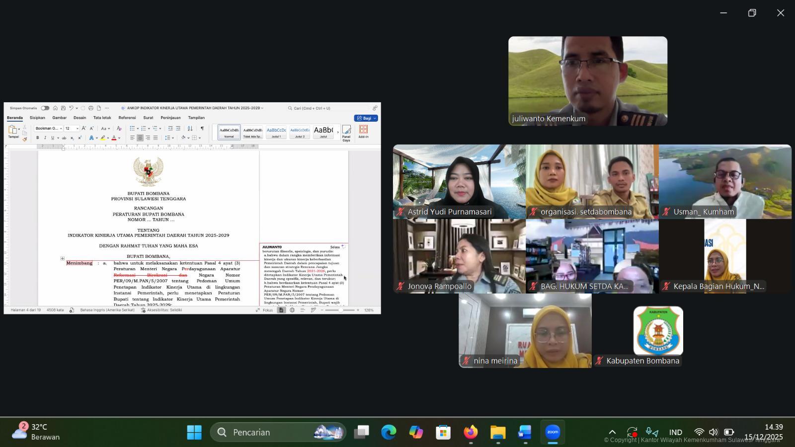 ‎Kanwil Kemenkum Sultra Harmonisasi Raperbup Bombana tentang Indikator Kinerja Utama Pemerintah Daerah 2025–2029